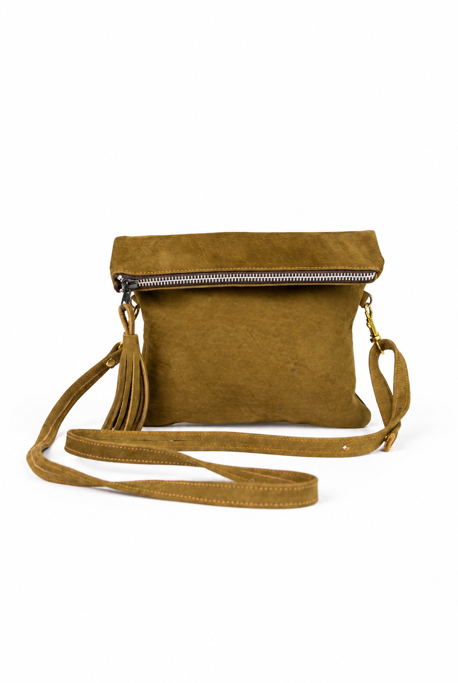 Erras leather fold-over clutch — green front with tassel and strap