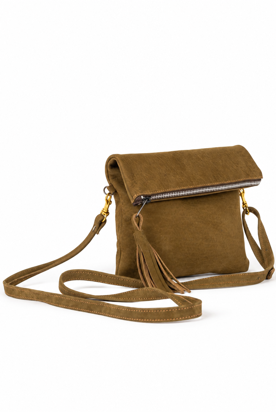 Erras leather fold-over clutch — green three-quarter view