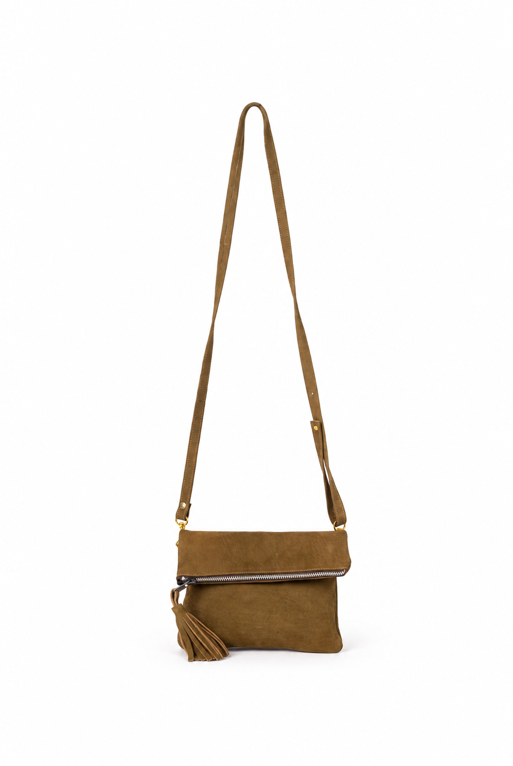 Erras leather fold-over clutch — green bag with strap extended