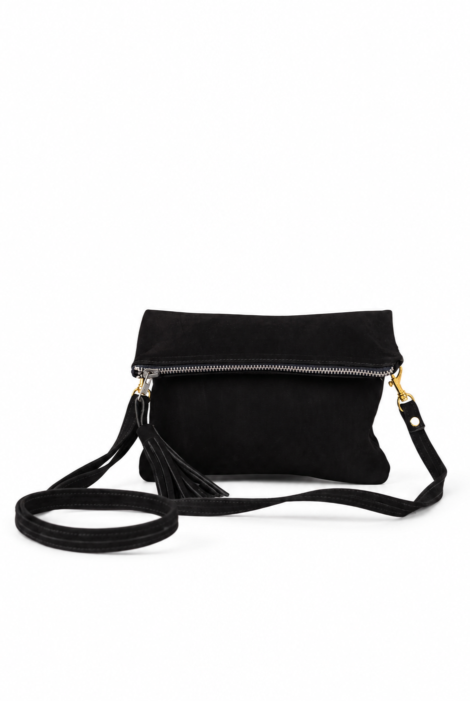 Erras Black leather fold-over clutch — front with strap and tassel