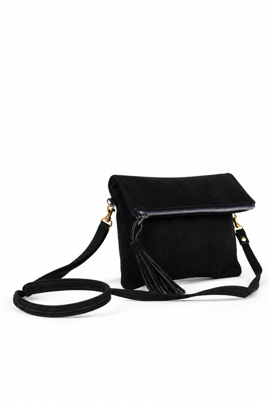 Erras Black leather fold-over clutch — three-quarter view
