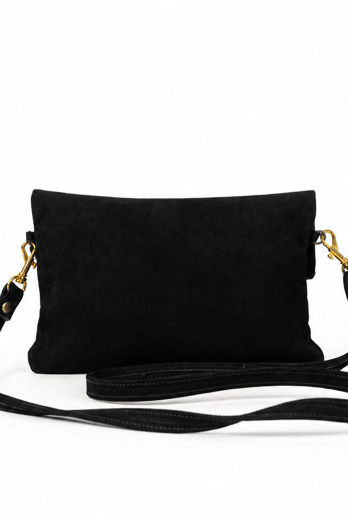 Erras Black leather fold-over clutch — back with removable strap